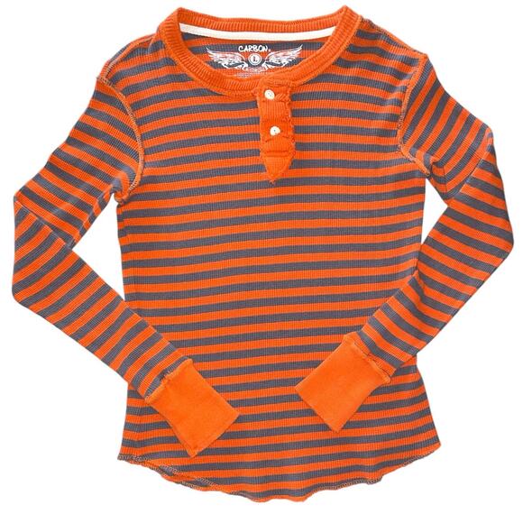 Carbon Orange Grey Striped Button Crew Waffle Long Sleeve Shirt Large - Picture 1 of 9